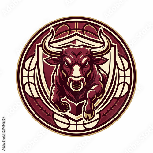 Aggressive Charging Bull Mascot Badge Featuring A Fierce Horned Beast Inside A Circular Shield Frame Designed For Sports Teams Representing Power Strength And Competitive Spirit In Athletics