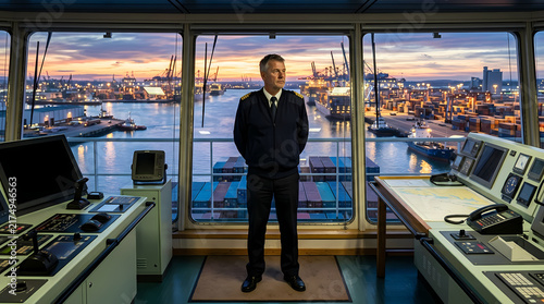 A professional cargo ship captain stands confidently inside the bridge overseeing daily maritime logistics operations while watching the golden hour sunset light across the busy harbor dockside