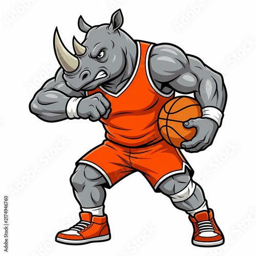 Aggressive rhino athlete wearing orange jersey uniform holding basketball ball in defensive stance for sports team mascot emblem logo design ready for competition tournament championship play