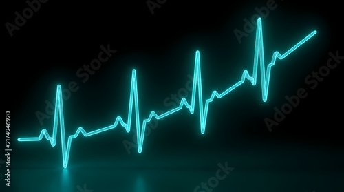 Cyan neon heartbeat rhythm line indicating vital signs monitoring representing health progress recovery and wellness progress within medical science research for patient care and cardiology