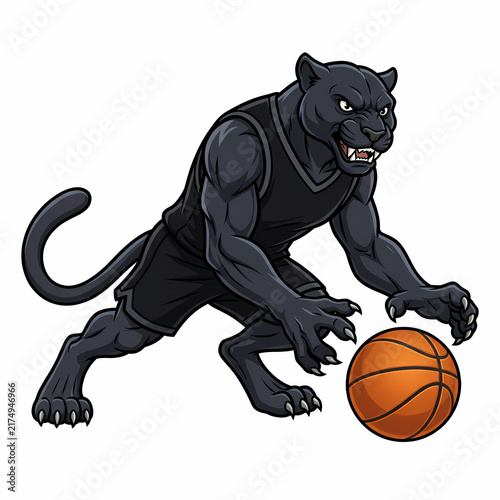 Fierce black panther mascot character playing competitive basketball game wearing athletic jersey uniform while dribbling orange ball in aggressive stance for team branding or sports tournament