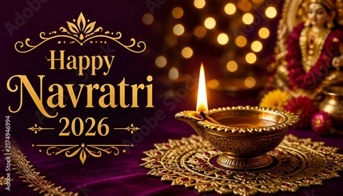  glowing diya lamp on a purple velvet fabric with golden embroidery, celebrating the festival of navratri 2026 wi
