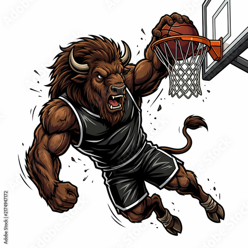 Fierce Bison Athletic Mascot Performing A Powerful Slam Dunk During A Competitive Basketball Game Wearing A Professional Team Uniform While Flying Towards The Hoop To Secure A Winning Point For