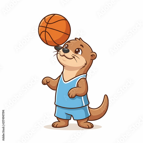 Happy Otter Character Wearing A Blue Jersey Spinning A Basketball On Its Nose Representing Athletic Wildlife Fun And Energetic Sports Mascot Concept For Children Education And Recreational