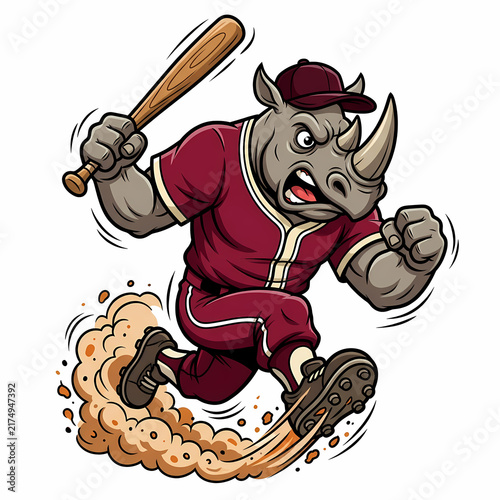 Fierce rhinoceros baseball player sprinting with a wooden bat in hand while wearing professional sports team uniform gear ready to compete in a stadium match tournament league game for
