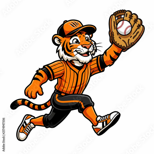 Energetic Tiger Mascot Wearing Sport Uniform Running Fast While Catching A Baseball With Leather Glove During Competitive Match Representing Team Spirit Athletics And Professional Training