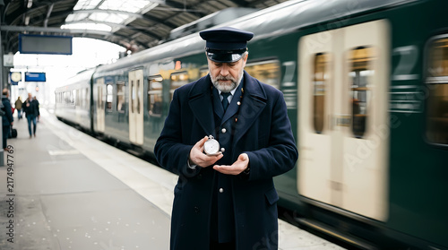 A professional train conductor standing on the station platform checking the time with his watch before the locomotive departs while commuters wait for their travel connection during a busy