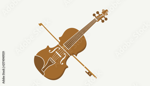 Classic brown violin with a bow vector illustration isolated on a warm light beige background for music concepts.