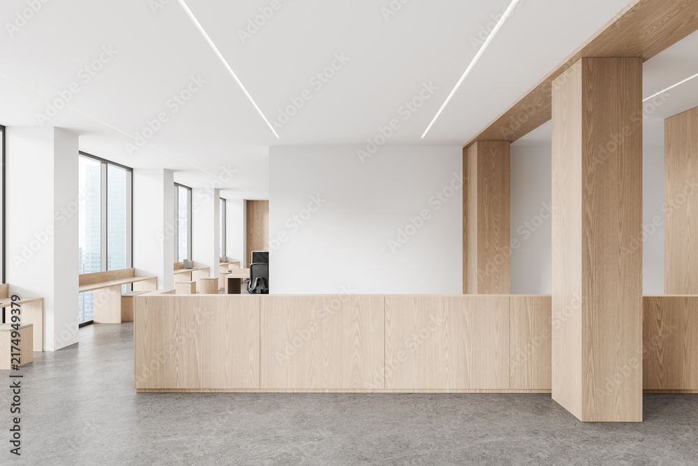 Obraz premium Modern minimalist office interior with light wood reception desk, open workspace, architectural columns, and expansive windows for contemporary design. 3D Rendering