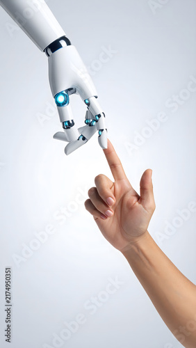 Robot Hand Touching Human Finger with Blue Light