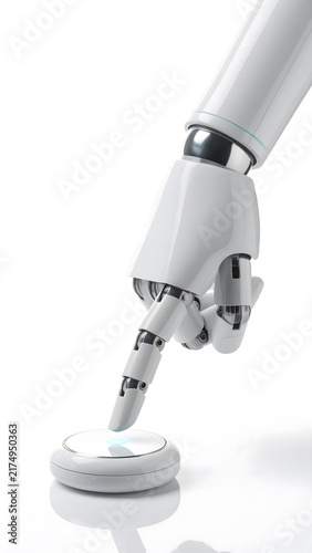 Futuristic AI Robot Finger Pushing Button, Technology Concept