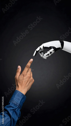 Human Hand Reaching to Robotic Hand, Technology Concept
