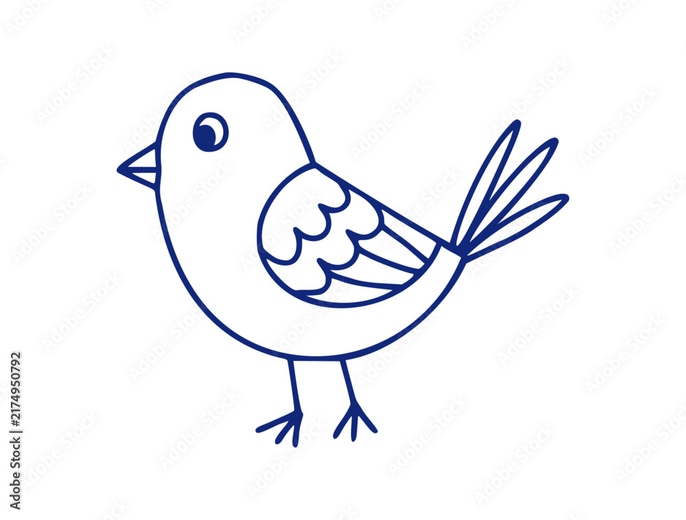 Fototapeta premium Blue line art illustration of a cute little bird isolated on a transparent background
