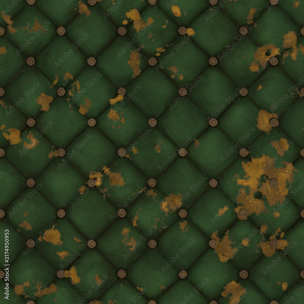 Obraz premium Distressed dark green quilted leather upholstery texture with rust stains damaged upholstery dirty leather worn texture aged leather stained surface tufted texture background material