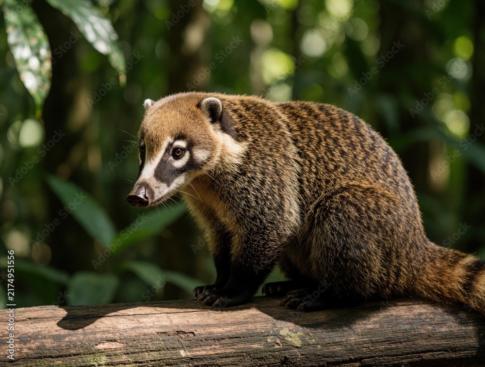 Naklejka premium Small mammal with brown speckled fur sits on weathered log. Coati looks left with black and white face markings. Blurred green forest leaves form background. Wildlife creature rests.