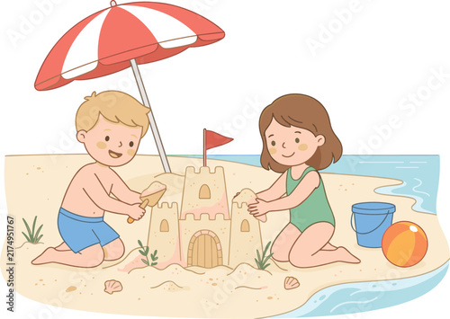 Cute children building a sandcastle on sunny beach with umbrella, beach ball, bucket, ocean, and summer vacation illustration