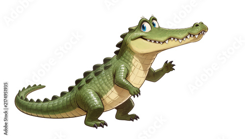 Isolated friendly cartoon alligator character with large blue eyes, smiling and waving cheerfully