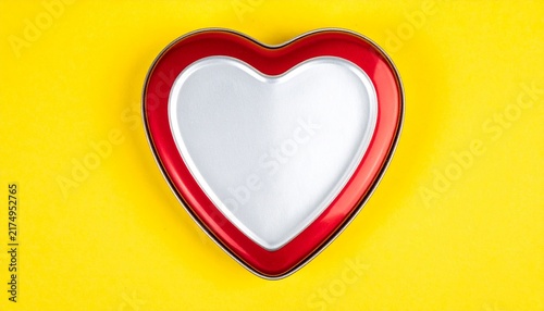 Shiny red heart trinket dish or tray with metallic silver rim isolated on yellow background3