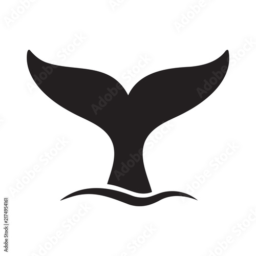 Black silhouette of a whale tail above a wave symbol icon vector flat design.