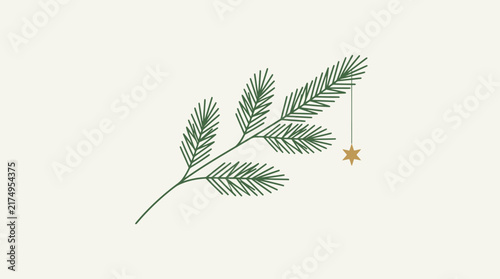 Elegant Minimalist Pine Branch with Hanging Gold Star Ornament for Christmas Holiday Graphic Design