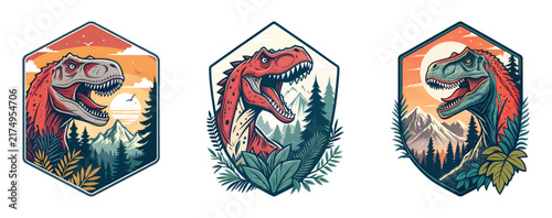 Set of three vintage dinosaur emblems with T-Rex heads in forest and mountain landscapes.