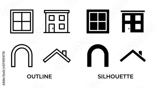 Foto House Icon Collection: A set of minimalist outline and silhouette icons representing building elements like windows, doors, and roofs, showcasing architectural concepts in a clean, graphic style