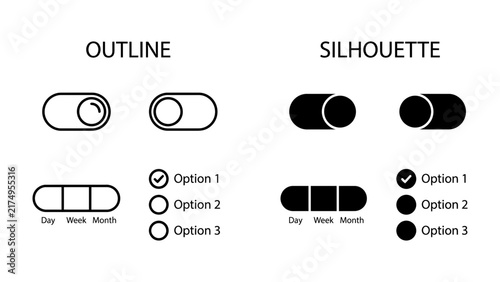 Obraz na płótnie Outline and Silhouette UI Elements: A comparative visual showcasing UI design elements like toggle switches and selection options presented in both outline and solid silhouette styles
