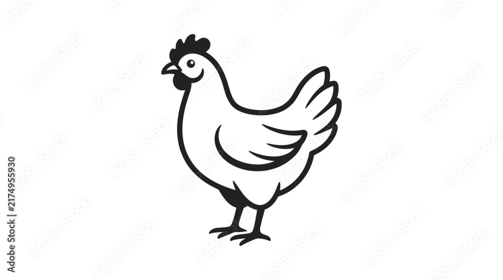 Fototapeta premium Simple black and white line art illustration of a chicken standing sideways.