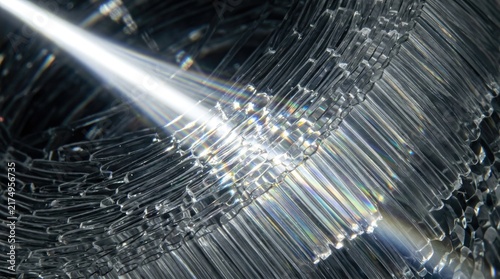 Optical glass lens reflecting bright light beam, macro structure resembling human eye iris, transparent ribbed pattern showing colorful refraction spectrum, visual physics concept.