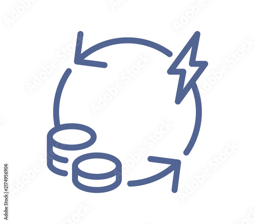 Simple line art icon of financial recovery with coins lightning bolt and circular arrows, economy improvement and investment return symbol, banking and money cycle pictogram linear flat illustr