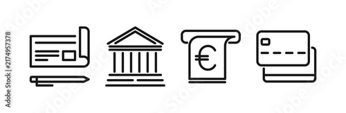 Banking and finance icons set, payment transaction and money transfer symbols, financial technology and digital banking elements, outline business illustration.