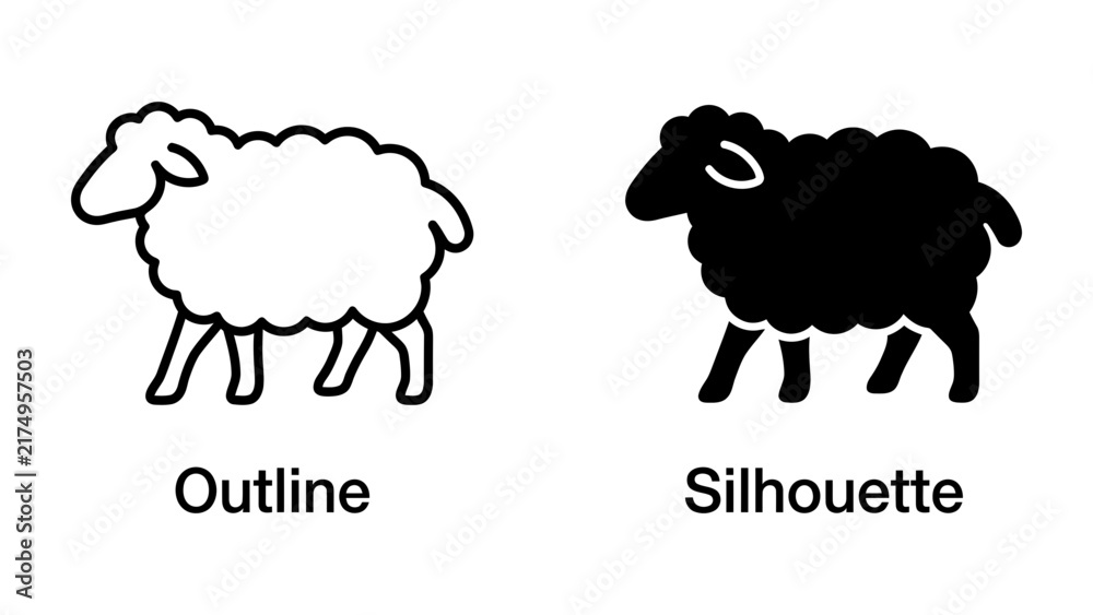 Obraz premium Sheep Outline and Silhouette: Two depictions of a sheep, one as a clean line drawing outline and the other as a solid black silhouette, symbolizing contrast and representation.