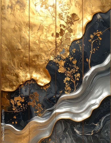 Plakat 金屏風に流水の金箔背景