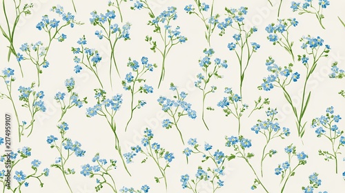 Seamless botanical pattern with delicate blue wildflowers and green stems on a light cream background, elegant floral illustration, soft natural surface design