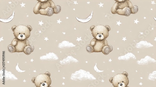Seamless nursery pattern with cute teddy bears, crescent moon, stars and clouds on a warm beige background, dreamy bedtime illustration, soft kids design