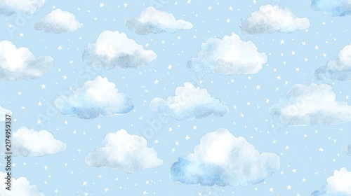 Seamless pattern of fluffy white clouds on a soft blue sky with tiny dots, dreamy celestial illustration, peaceful nursery surface design