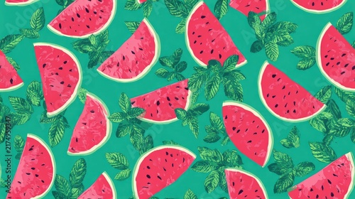 Seamless watermelon pattern with bright red fruit slices and green leaves on a turquoise background, playful summer food illustration, fresh surface design