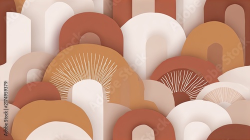 Abstract boho composition with layered arches and sunburst shapes in beige, cream and terracotta tones, modern retro geometric background design