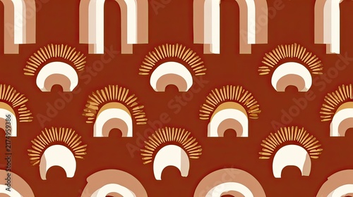 Seamless boho pattern with terracotta rainbows and sunburst motifs on a deep rust background, warm retro illustration, decorative geometric surface design