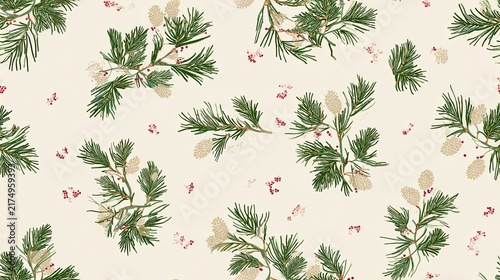 Seamless pattern of pine sprigs, small berries and winter foliage on a cream background, soft botanical illustration, festive natural surface design