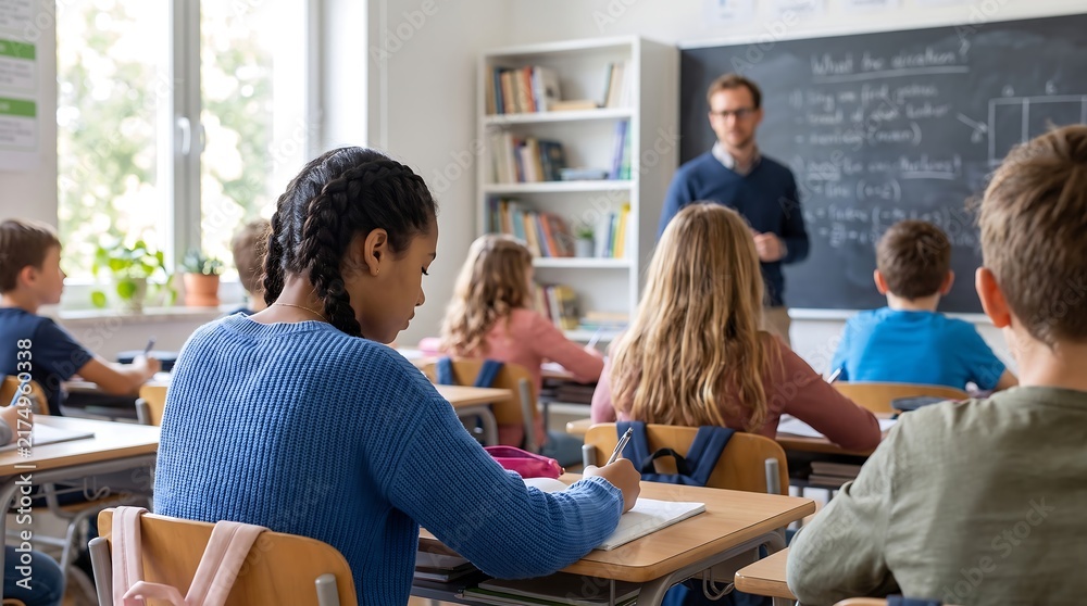 Fototapeta premium Diverse students studying in classroom with teacher