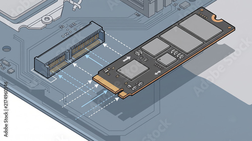 Isometric illustration showing an unmounted NVMe SSD aligned above a motherboard M.2 slot with dashed guide lines.