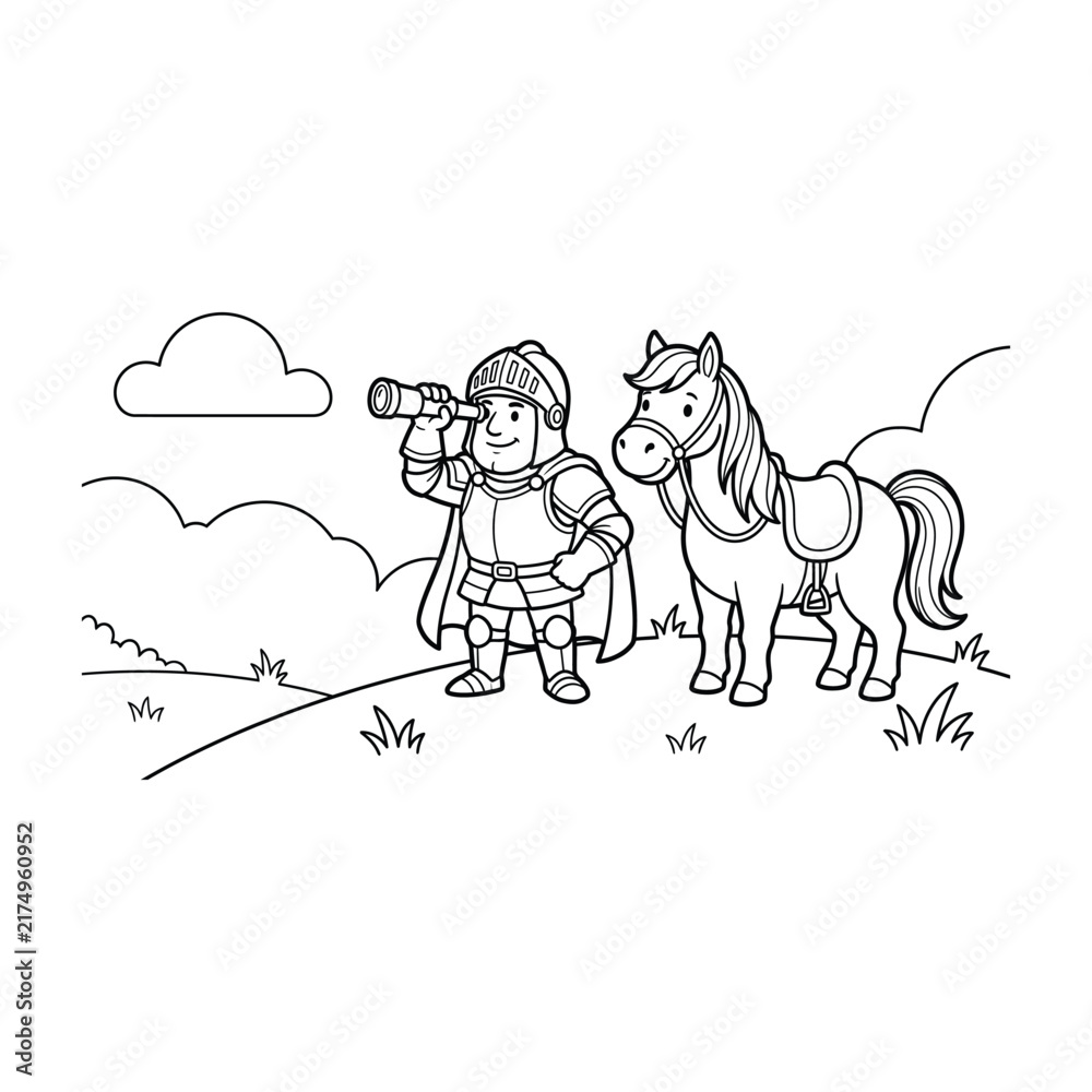 Fototapeta premium Cute knight looking through telescope with pet horse coloring page, fairy tale adventure landscape concept