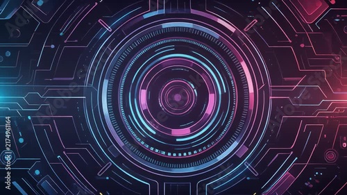 Futuristic HUD circular interface zooming in with neon blue and pink illumination against dark background