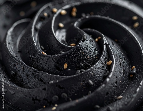 Black Sesame Ice Cream Swirl, Dark Charcoal Spiral Texture with Seeds