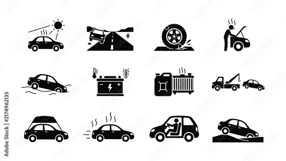 Naklejka premium Collection of black and white car trouble and maintenance icons with transparent background