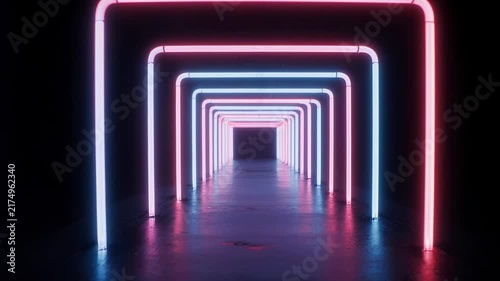 Futuristic neon tunnel with pulsing lights moving forward in a dark void