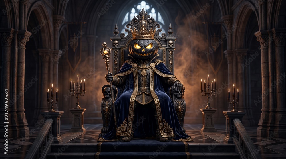 Obraz premium A terrifying dark fantasy king sitting on a gothic throne in a haunted castle for a spooky halloween celebration