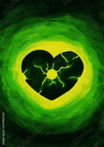 Acrylic painting of A dark green heart in a dramatic painted style with glowing yellow-green cracks and a luminous circular background.