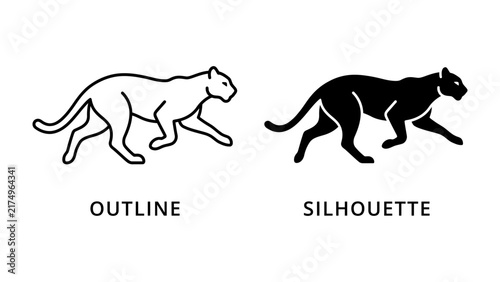 Panther Outline and Silhouette: A side-view depiction showcasing a panther in a dynamic running pose, presented in both an outline and a solid silhouette style, symbolizing agility and power.
